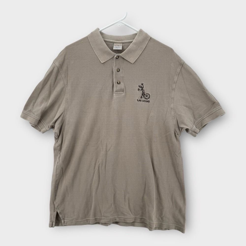 Crazy Shirts Polo Shirt Mens Large Tan Las Vegas‎ Gecko Kona Coffee Dyed Cotton